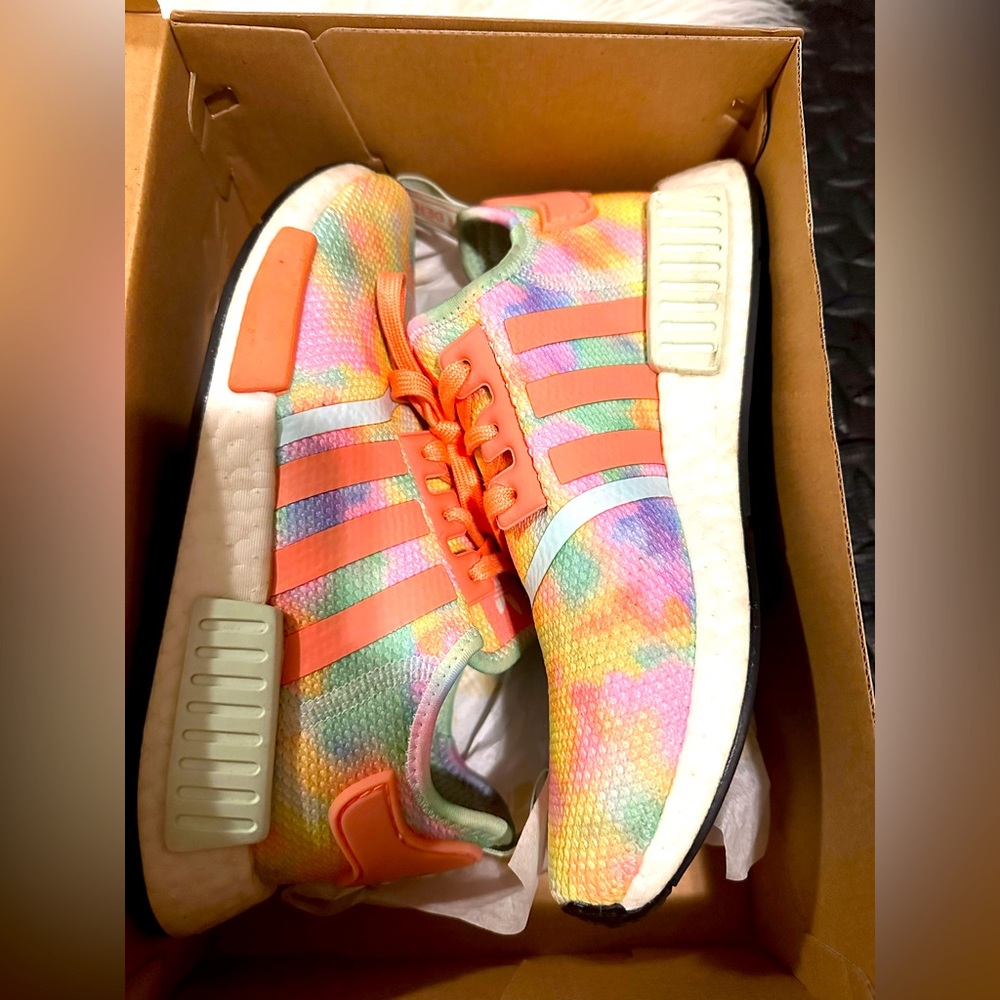 Bright tie dye Adidas NMD R1 W size 8 in box.